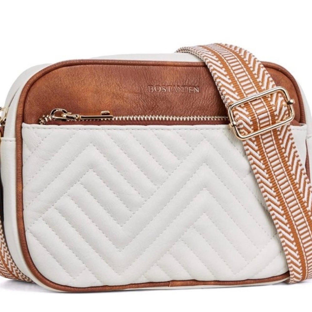 Brown and White Quilted Crossbody Bag